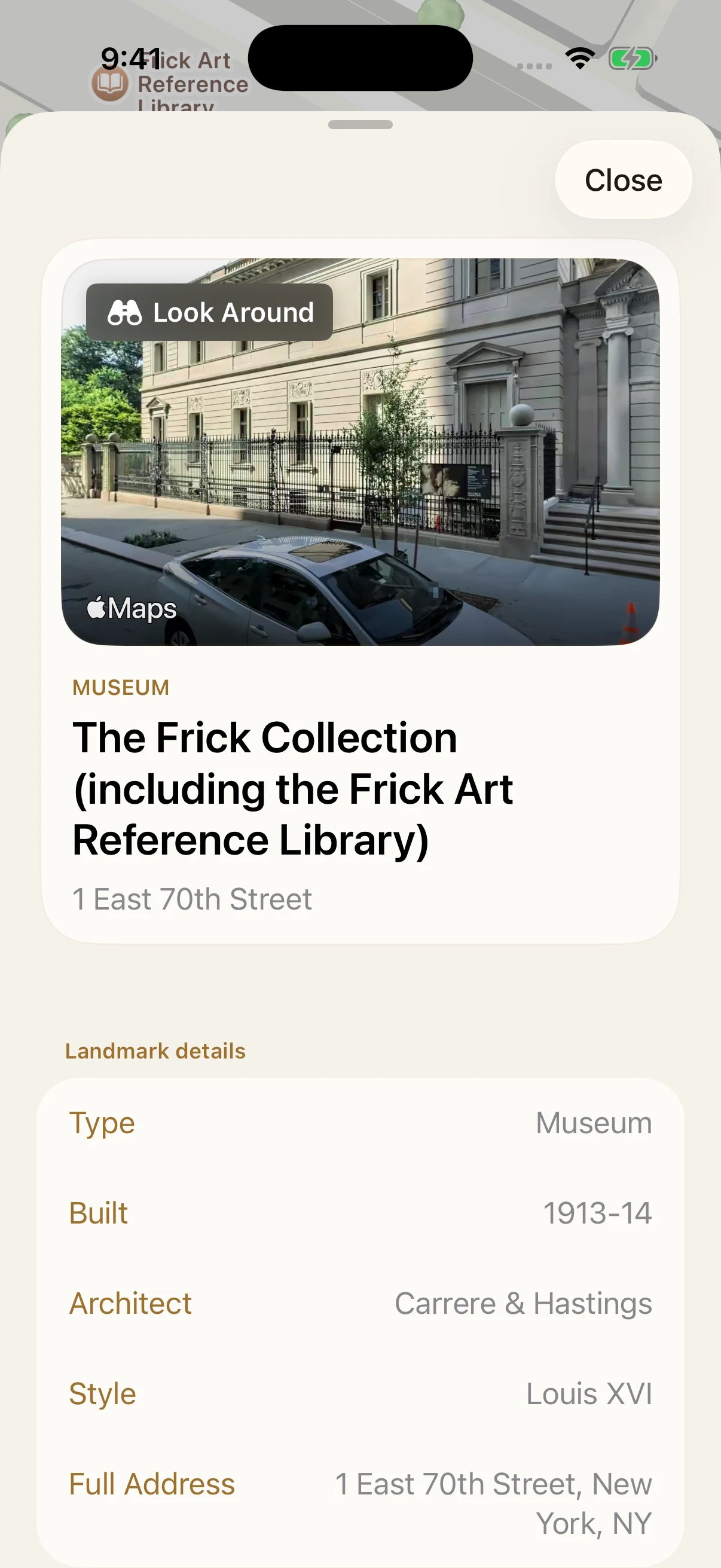 The Frick Collection in Landmarks, with an Apple Look Around facade preview, its full name, and its address at 1 East 70th Street.