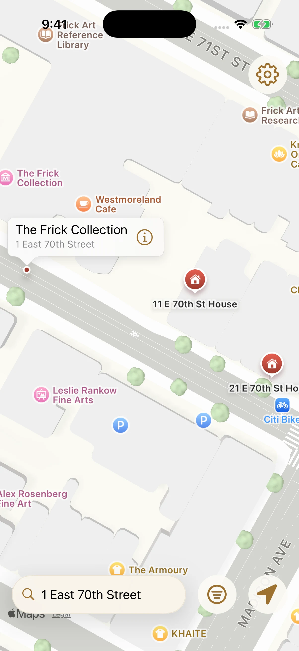 The Landmarks map with the Frick Collection selected at 1 East 70th Street.