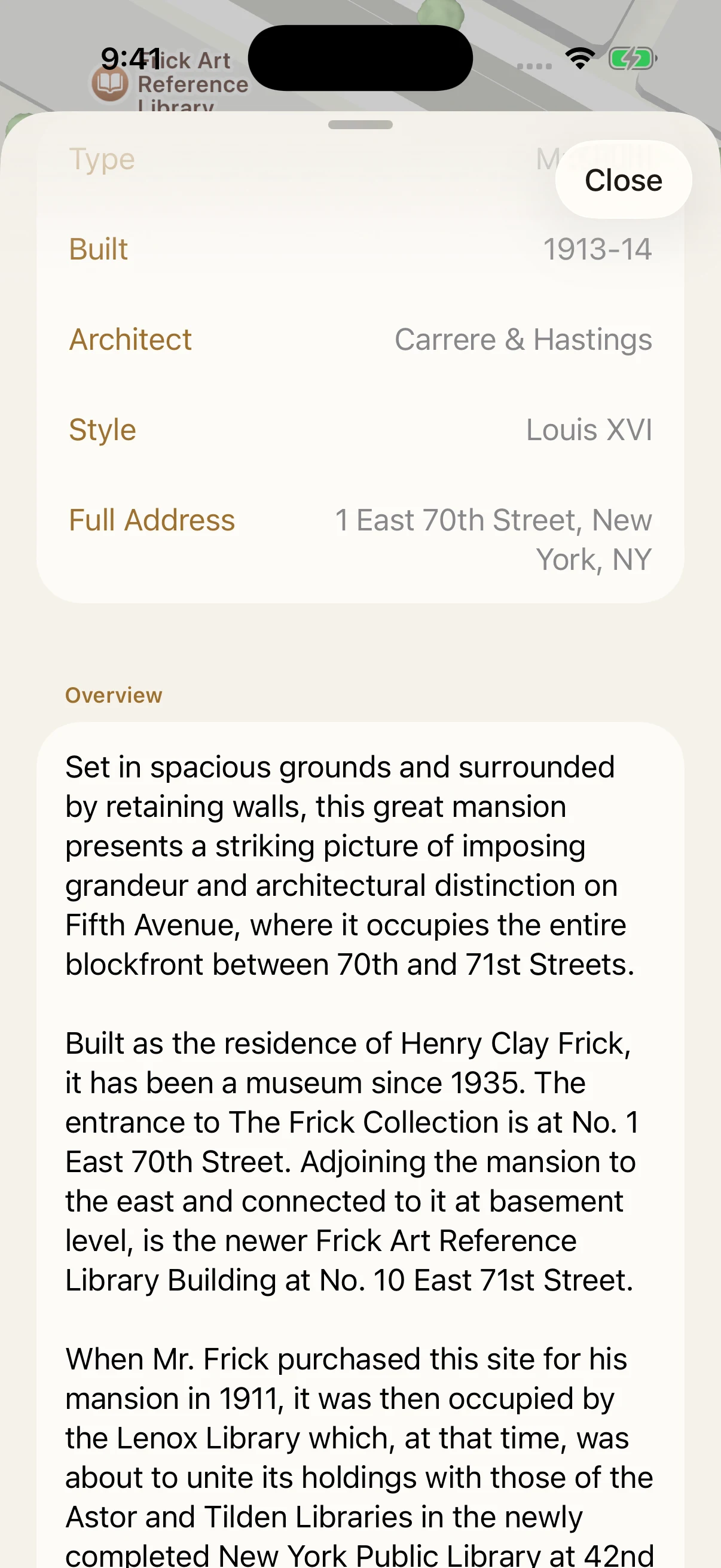 The Frick Collection page in Landmarks, showing its architectural details and the opening paragraph of its history.